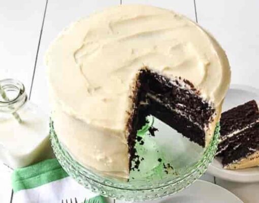 Chocolate Whipped Vanilla Delight cake with vanilla layers and whipped chocolate frosting.