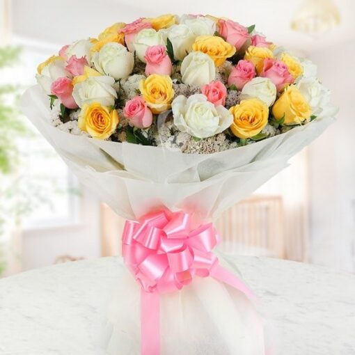 Mixed Roses Bouquet with assorted fresh roses in red, pink, yellow, and white, arranged elegantly