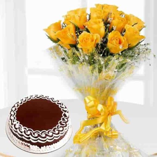 Yellow Roses Chocolate Cake with rich chocolate frosting and bright yellow rose decorations.