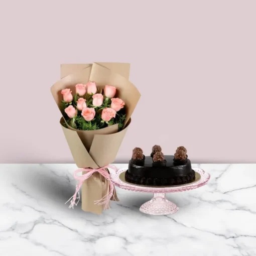 Ferrero Rocher Floral Fantasy – chocolate truffle cake decorated with Ferrero Rocher chocolates and pink fondant roses