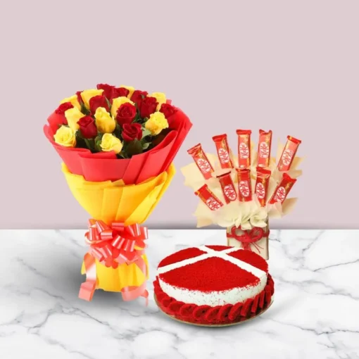 Radiant Surprise Bouquet Set – colorful bouquet with radiant roses, lilies, and mixed flowers