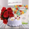 Elegant pineapple cake decorated with white floral bouquet and greeting.