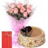 Butterscotch Blossom Surprise cake with fresh pink flowers arranged in a gift combo, ideal for birthdays, anniversaries, and romantic occasions.
