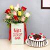 Decadent Black Forest Duo with a luscious Black Forest cake and elegant flower bouquet.