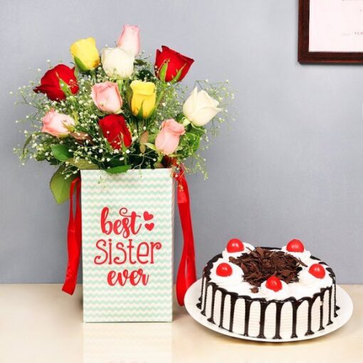 Decadent Black Forest Duo with a luscious Black Forest cake and elegant flower bouquet.