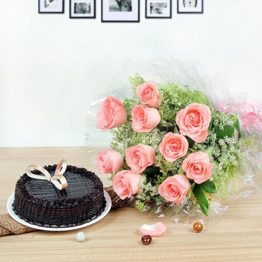 Elegant Celebration Combo – floral bouquet with chocolates and celebration cake.