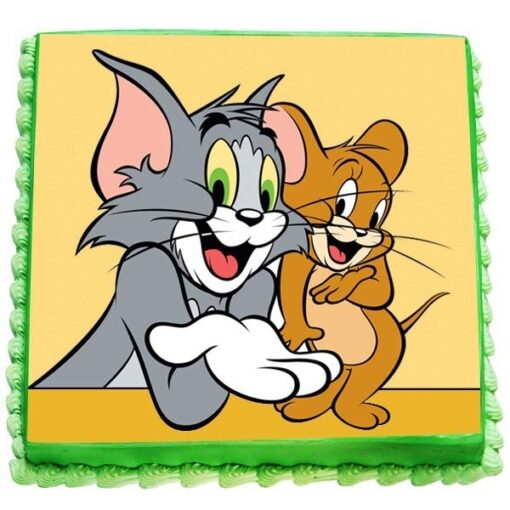 Tom and Jerry Birthday Cake with colorful fondant decorations of Tom and Jerry characters.