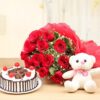 Teddy Rose Delight Cake with cute teddy bear and rose floral decorations.