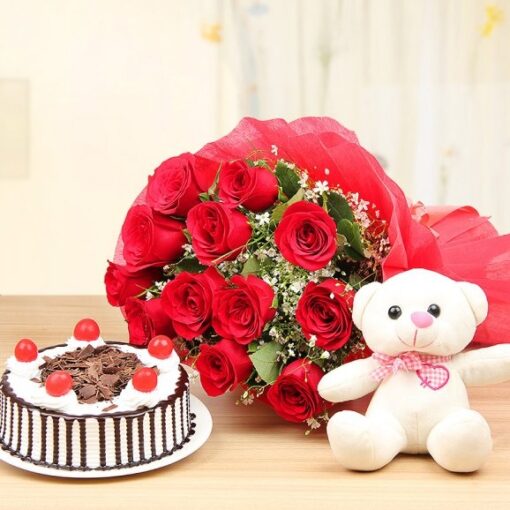 Teddy Rose Delight Cake with cute teddy bear and rose floral decorations.