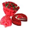 Red Velvet Rose Duo cake with red rose decorations.