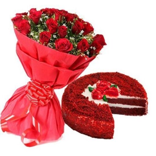 Red Velvet Rose Duo cake with red rose decorations.