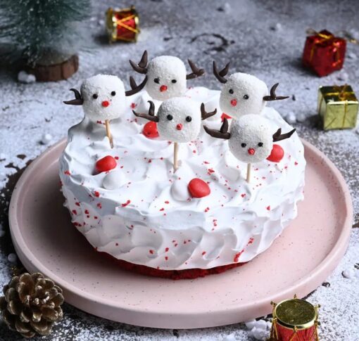 Holiday Velvet Miniature Cake with red velvet base and holiday figurines