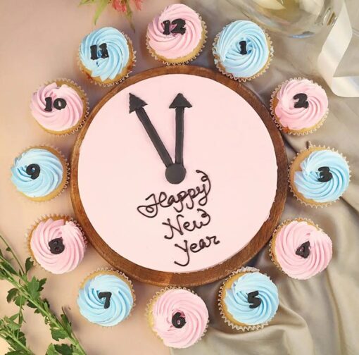 Ticking Strawberry Delight Cake with clock-themed New Year decoration and strawberry frosting