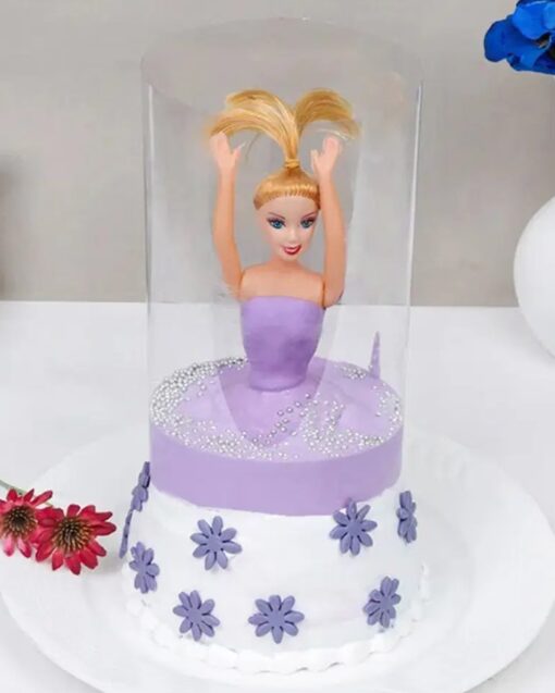 Purple Pineapple Doll Cake with Barbie doll and purple floral frosting decorations.