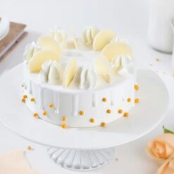 Snowy White Cream Cake with fluffy white frosting and delicate decoration.