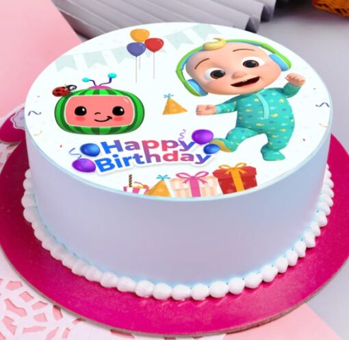 Colorful Cocomelon Themed Pineapple Cake decorated with pineapple accents and Cocomelon characters.