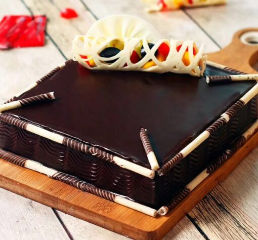 Square Chocolate Fruit Delight – moist chocolate cake topped with fresh fruits