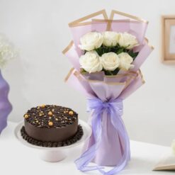 Fresh snowy roses and decadent truffle cake gift perfect for birthdays anniversaries and special occasions