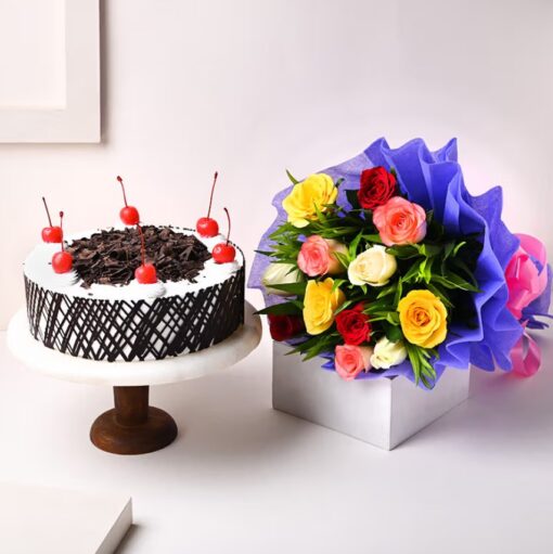 Classic Bloom & Cake Gift featuring elegant roses and a delicious cake for special occasions