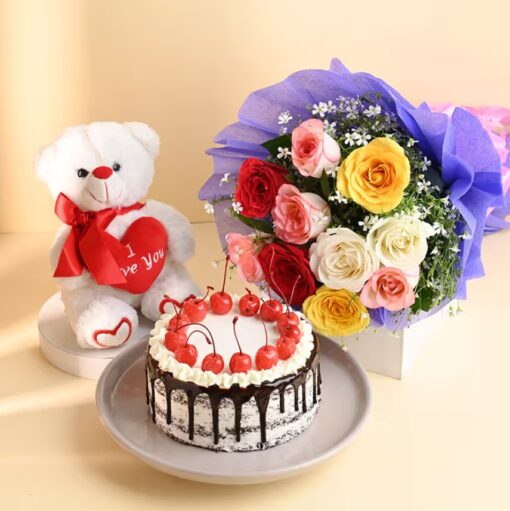 Charming fresh flowers bouquet with delicious cake perfect for birthdays anniversaries and celebrations