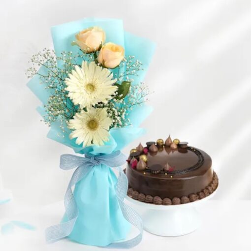 Elegant floral bouquet and gourmet cake gift combo by Tranquil Petals and Sweet Delights perfect for birthdays anniversaries and special occasions