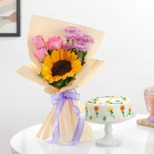 Sunny Bloom Delight – bouquet of sunflowers and roses with a cake surprise gift combo