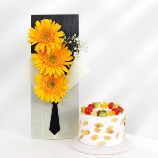 Elegant floral bouquet and gourmet cake gift combo by Blossom Love and Sweet Bliss perfect for birthdays anniversaries and special occasions