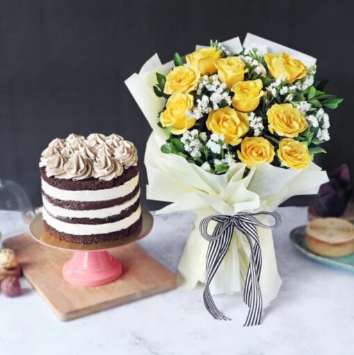 Yellow Rose Coffee Treat – fresh yellow rose bouquet with coffee cake gift combo