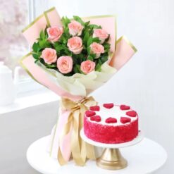Blushing Beauty Cake Combo with soft pink flowers and a delicious cake for gifting