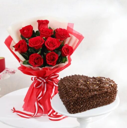 Truffle Kiss & Ruby Love – heart-shaped truffle cake with fresh red roses gift combo