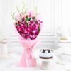 Orchid Elegance & Black Forest Cake Combo – purple orchids bouquet with rich black forest cake for celebrations