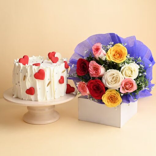 Heartful Roses Cake Gift with fresh roses and heart-shaped cake perfect for romantic occasions and celebrations