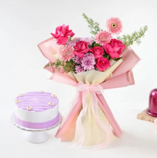 Fresh vibrant flowers paired with delicious cake perfect for celebrations and heartfelt moments
