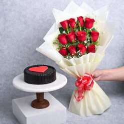 Scarlet Romance Cake Combo with vibrant red roses and a delicious cake for gifting