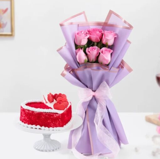 Velvet Rose Indulgence – red velvet cake with fresh red rose bouquet gift combo