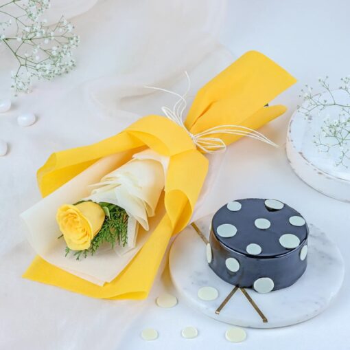 Golden Bloom & Cocoa Delight gift set featuring fresh yellow roses and premium chocolate truffles in an elegant gift box