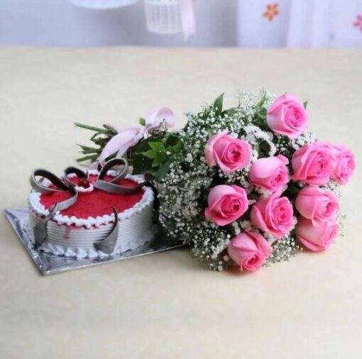 Graceful Roses & Cake Delight with fresh roses and cake combo for gifting on special occasions