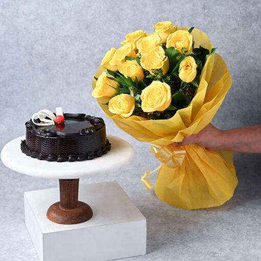 Sunny Roses Choco Combo – vibrant yellow roses bouquet paired with rich chocolate cake gift for celebrations