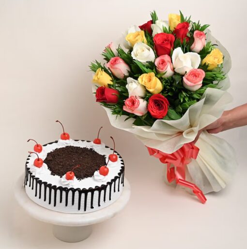 Serene Blooms & Cake Gift featuring serene flowers and a delicious cake for special occasions
