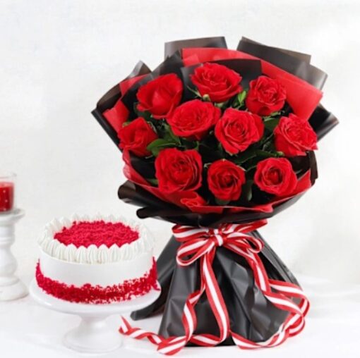 Fresh silken petals bouquet with sweet gourmet cake perfect for birthdays, anniversaries, weddings, and special celebrations