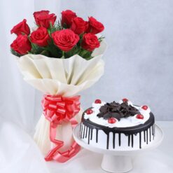 Forest Bloom & Cake Delight with fresh forest flowers and a delicious cake for gifting