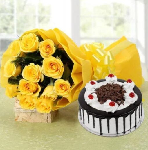 Sunshine Blooms & Cake Delight featuring fresh flowers and cake gift for special occasions