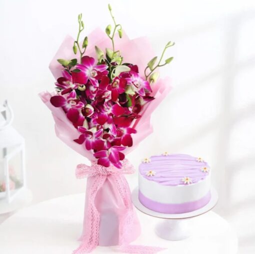 Elegant cake and fresh flower gift combo by Luxe Petals and Cake Creations perfect for birthdays anniversaries and special occasions