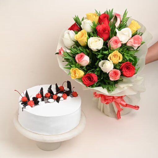Fresh mixed roses with rich blackforest cake combo perfect for birthdays anniversaries and special celebrations