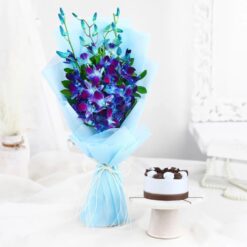 Blue Orchid Forest Delight – bouquet of blue orchids with rich black forest cake for special occasions