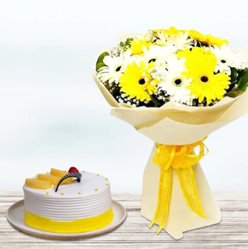 Tropical Bloom & Cake – vibrant tropical flower bouquet paired with delicious cake for special occasions