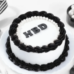 Elegant black and white birthday cake with smooth fondant and decorative accents